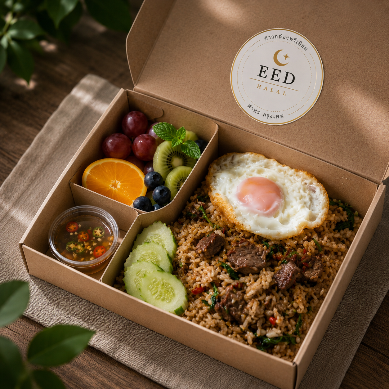 ข้าวผัดกะเพราคลุกเนื้อ+ไข่ดาว ผลไม้ตามฤดูกาลฮาลาล EED HALAL